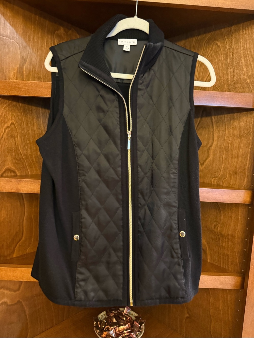 Susan Graver Black Quilted Vest Medium Gold Zip Mixed Media